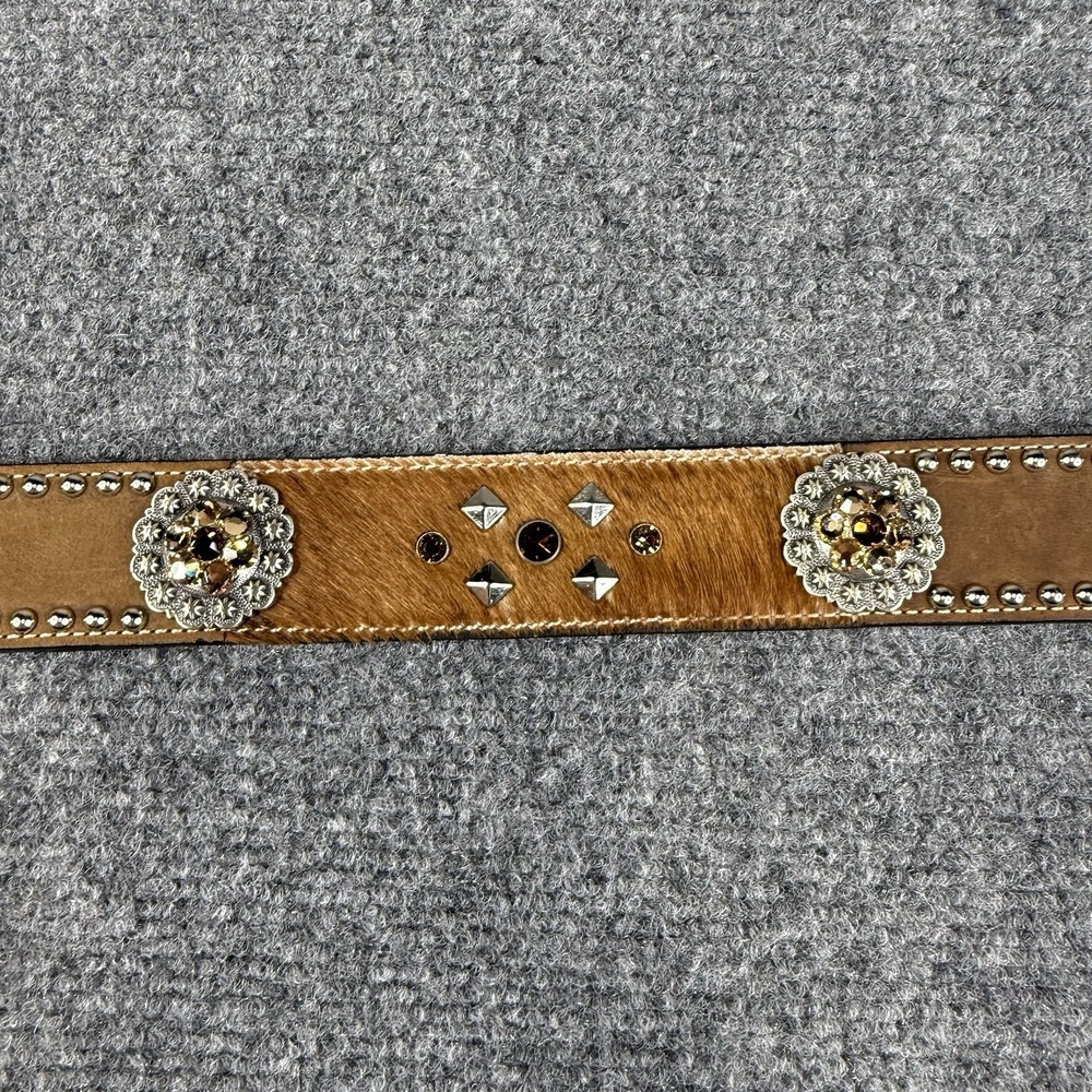 Nocona Leather Belt L Brown Calf Hair Studded Rhinestone Sliver Bling Cowgirl - Picture 7 of 8